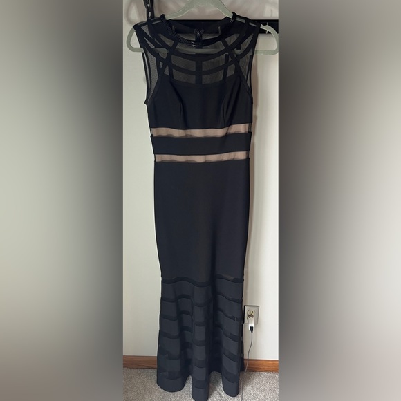 JS Collections Black Illusion Striped Evening Gown | Size 4 | Beaded Neckline - Picture 4 of 13